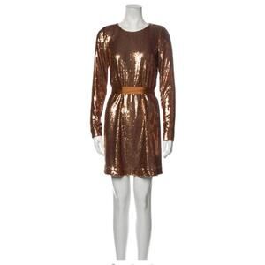$425 Ramy Brook Brown/Bronze Sequin Hallie Long Sleeve Mini Dress Women's M